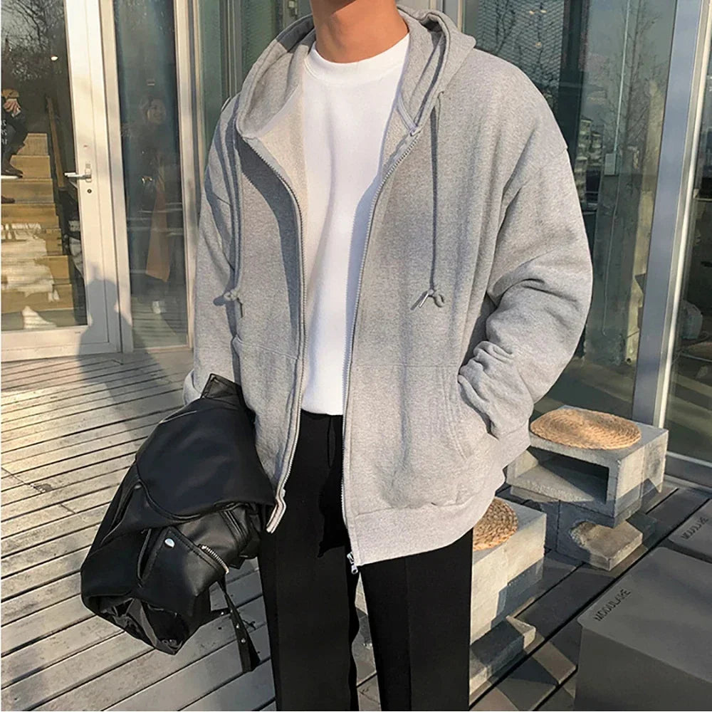 Autumn Trendy Men's Hoodie Solid Color Zip Up Loose Jacket Coats Casual Long Sleeve Hooded Sweatshirt Outdoor Male Clorhes voguable
