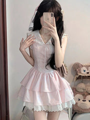 Sweet Slim Pink Dress Women Cute Preppy Style Sailor Collar Mini Dress Casual Retro Japan Lace Patchwork Kawaii Cake Dress voguable