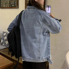 Vintag Distressed Autumn New Denim Jackets Women Lapel Solid Pockets Button High Street Long Sleeve Loose Short Cowboy Coats Top voguable