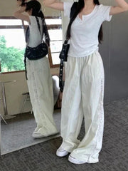 Sweet Lace Patchwork White Pants Y2K High Waist Preppy Thin Wide Leg Pants Korean Chic Loose Jogging Quick Drying Trousers New voguable