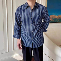 New American Retro Men Shirts Light Luxury Textured Lapel Plaid Long Sleeve Cardigan Leisure Trendy Premium Check Blouse M-2XL voguable