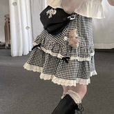 Kawaii Plaid Women Short Skirt Lolita Ruffle Japanese Style Lace Bow Mini Skirts Cutecore Sweet Pleated Preppy Skirt voguable