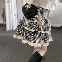 Kawaii Plaid Women Short Skirt Lolita Ruffle Japanese Style Lace Bow Mini Skirts Cutecore Sweet Pleated Preppy Skirt voguable