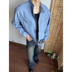 Punk Spliced Jacket High-end Blue Short Work Cargo Coat Men's Handsome Trendy Solid Color Zipper Jacket All-match Top voguable