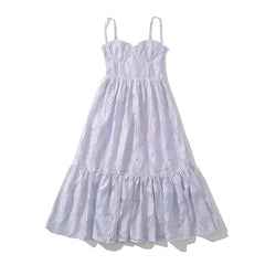 YENKYE Summer Women Jacquard Spaghetti Strap Holiday Party Dresses Sexy Fit and Flare Midi Dress Female Lace Up Bandage Robe voguable