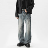 Summer Men's Denim Pants Old Blue Washed Male Jeans Straight fleck Casual Menwear Loose Wide Leg Trousers 2024 New Fashion voguable