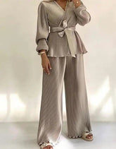 Voguable 2-piece overlapping V-neck lantern sleeve lace up waist ruffled top and elastic waist wide leg pants set retro commuting set voguable