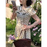 Voguable Vintage Polka Dots Midi Dress Women Kawaii Bow Lace Dresses Summer Vacation Elegant Korean Puff Short Sleeve Bodycon Vestidos voguable