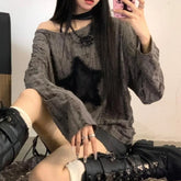 Spring Autumn T-Shirt Women Fashion Star Print Y2k Aesthetic Loose Tees Kpop Fairycore Ripped Tshirt Harajuku Gothic Streetwear voguable