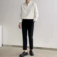 Korean New Lapel Small V Design Men Shirts Summer Long Sleeve Draped Casual Shirt Men Loose Solid Color White Shirts for Men voguable