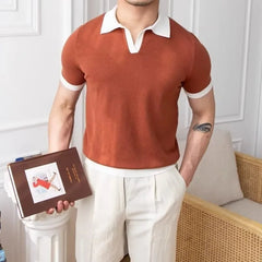 New Trend Men Business Polo Shirt Light Luxury Popular Slim V Neck T-shirt Leisure Patchwork Short Sleeve Tops Retro Knitwear voguable