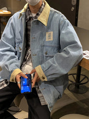 Japan Retro Lapel Denim Jacket Cityboys Punk Loose Jacket Autumn Hong Kong Style Hip Hop Handsome Stitching Jeans Coat voguable