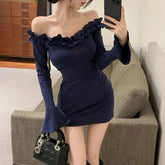 Voguable Sexy Ruffle Mini Dress Women Slash Neck Backless Flare Long Sleeve Slim Fit Dresses Vintage Solid Female Elegant Casual Dress voguable