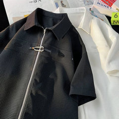 Niche Design Zipper Shirt Men's Short-sleeved Summer 2025 New Waffle High-end Casual Shirt Hip Hop Unisex Zipper Blouse voguable