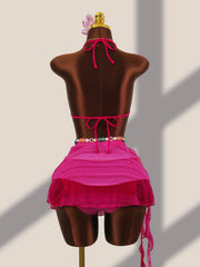 Voguable Women 3 Piece Gradient Pink Bikini Set Halter Triangle Top with Wrap Skirt Cover Up Textured Swimwear Beach Bathing Suit voguable