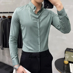 Striped Shirt Mens 2022 Spring New British Style Business Casual Long Sleeve Iron-Free Anti-Wrinkle Dress Shirt Mens Clothing voguable