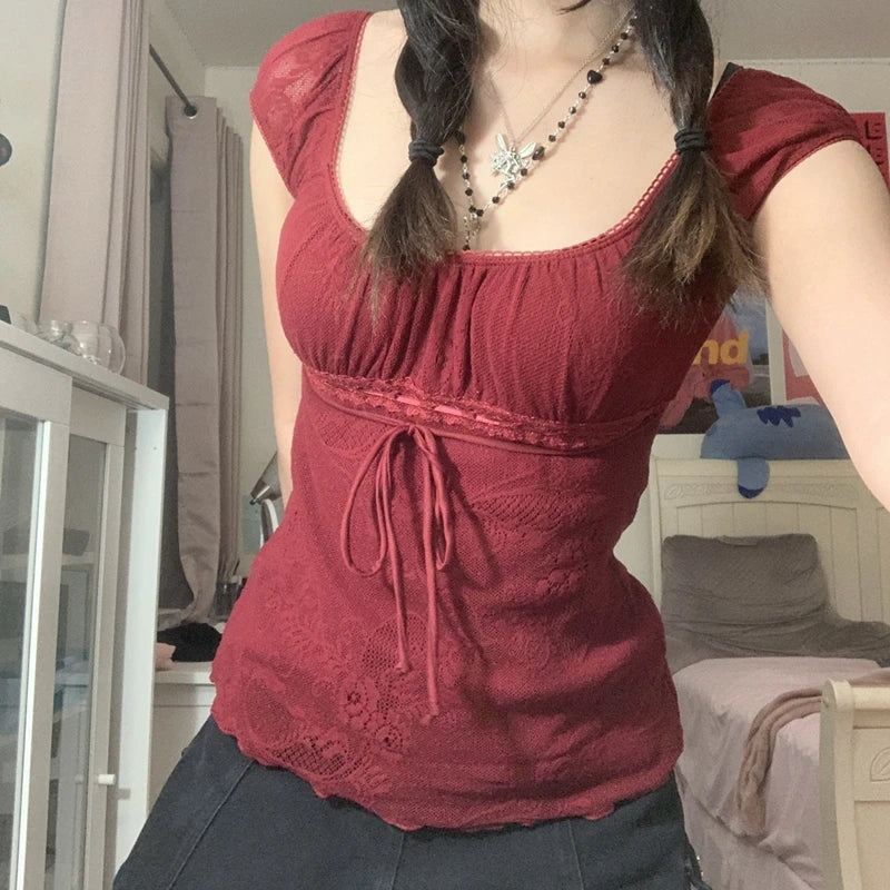 Elegant Lady Square Collar T-shirt Kawaii Bow Short Sleeve Pullovers Tees Y2K Vintage Fairy Grunge Women Crop Top Retro Clothes voguable