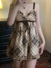 Sweet Plaid Bow Cute Simple Camisole Dresses Tops Fashion All-Match Retro Women Home Clothing voguable