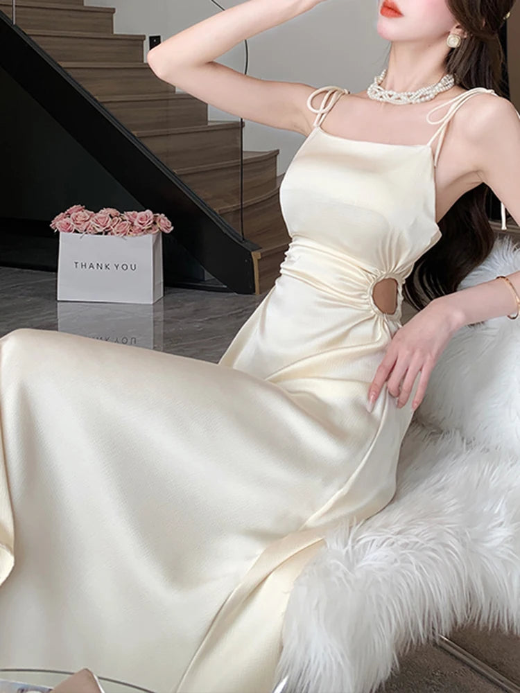 Voguable New Solid Color Sling Dress Women's Summer Korean Elegant Lady Pleated Dress Fashion Beach Sexy Backless A-line Dresses voguable