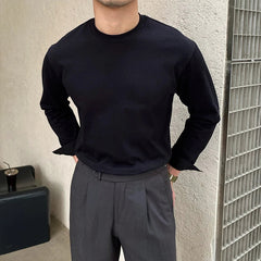 New Autumn Fashion Men T-shirt Light Luxury Solid Color Long Sleeve Tops Leisure Streetwear Casual O Neck Basic Shirts M-3XL voguable