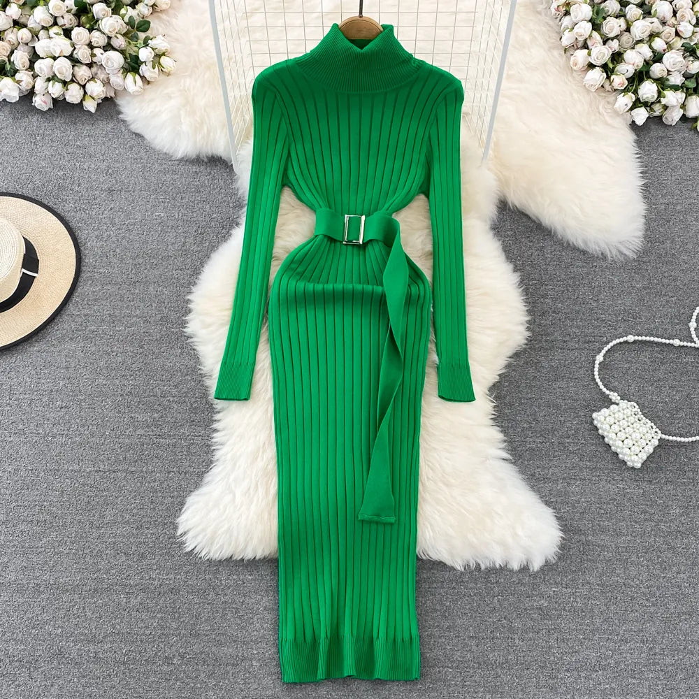 Ins Hot Turtleneck Sexy Wrap Hips Knitted Dresses Women Autumn Winter Long Sleeve Bodycon Sweater Dress with Belt voguable