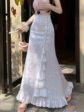 Print Vintage Long Skirt Women Casual Ruffles England Sweet Trumpet Skirts Retro Lace Up Elegant Female Design Long Skirt voguable