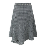 Women Vintage Black White Irregular Plaid Skirt Metal Eyelets High Waist A-line Cotton Summer Skirts Holiday