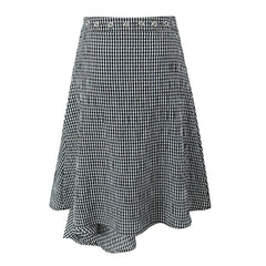 Women Vintage Black White Irregular Plaid Skirt Metal Eyelets High Waist A-line Cotton Summer Skirts Holiday