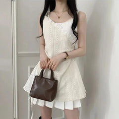 Summer Dress Women Chic French Lace Stitching Sling Shirt Stacked Gauze Knitted Dress Overskirt Inner Wear Base Short Dress