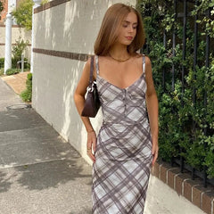 Vintage Plaid Print V Neck Midi Dress Women Summer Sexy Backless Spaghetti Straps Dress Y2K Club Party Slim All Match Vestidos voguable