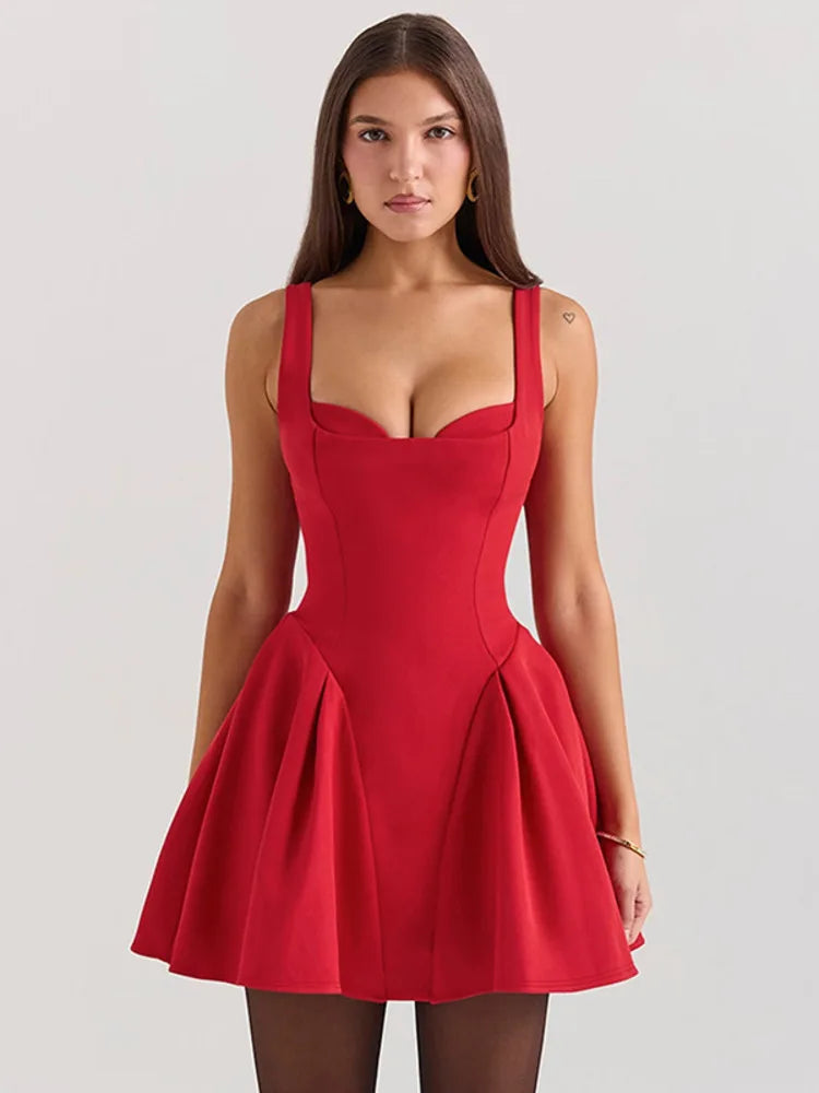 Spaghetti Strap Backless Sexy Mini Dress For Women Robe Solid Sleeveless High Waist A-line Pleated Club Party Dress voguable