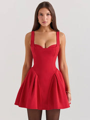 Spaghetti Strap Backless Sexy Mini Dress For Women Robe Solid Sleeveless High Waist A-line Pleated Club Party Dress voguable