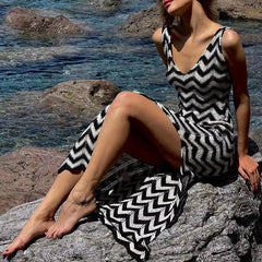 2024 Summer Women V-Neck Backless Black White Stripes Contrast Color Knitted Crochet Split Holiday Dress Personality Simplicity voguable