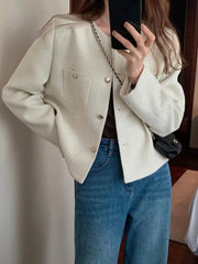 Elegant Chic Tweed Jacket Women O Neck Slim Long Sleeve Fashion Short Coats Casual French Sweet Small Fragrance Outwear Lady New voguable