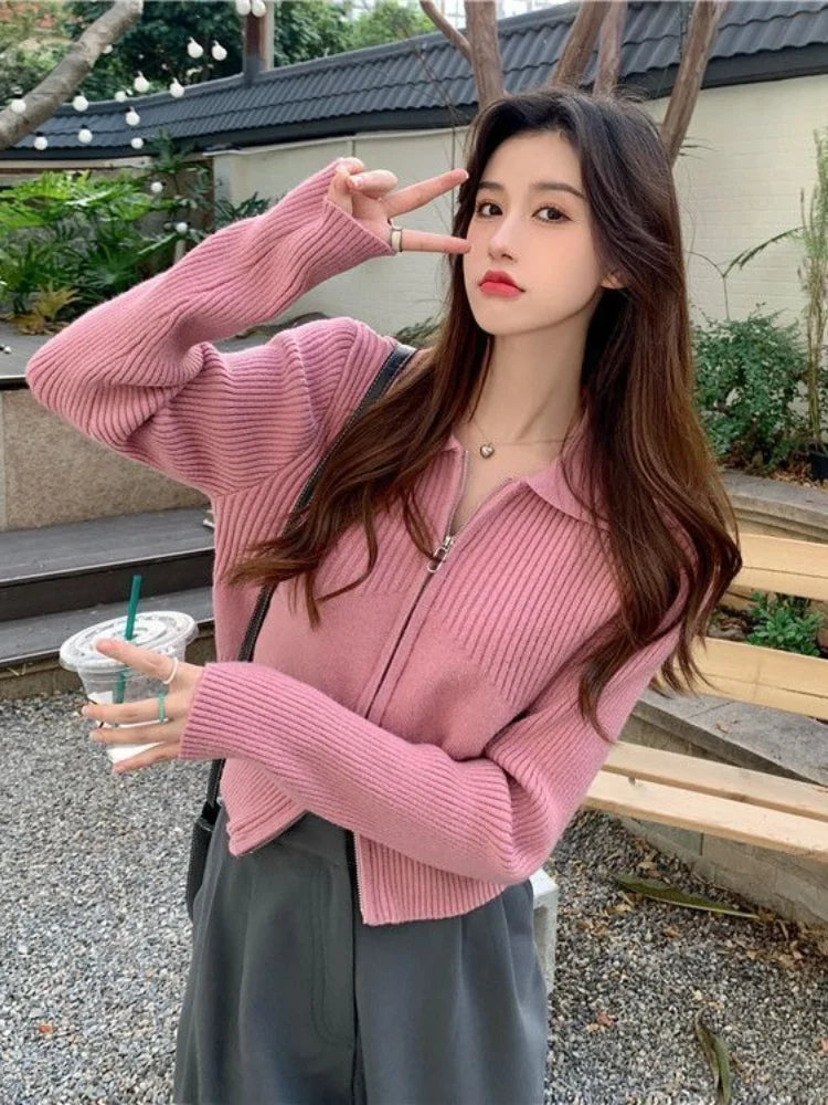 Voguable Sweet Cute Solid Zipper Pullovers Women Fashion Leisure All-match Retro Simple Vintage Loose Female Zipper Knitwear Top voguable