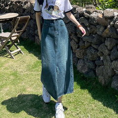 Vintage High Waist Women Denim Midi Skirt Summer Korean Thin Section Slit A Line Skirts Fashion Casual All Match Denim Skirts voguable