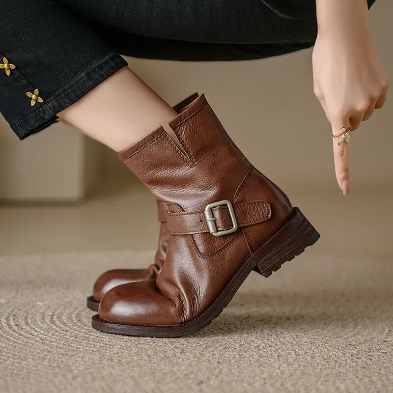 Women Boots Genuine Leather Ankle Boots Autumn Winter Round Toe Side Zipper Office Lady Working Shoes Woman Concise Basic voguable