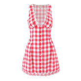 European And American Retro Sexy V Neck Red Plaid Dress Women Floral Embroidery Sleeveless A-line Mini Summer Dresses voguable