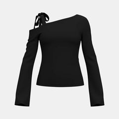 Women's T-Shirts Autumn Elegant French Lace-Up Plain Long Sleeve One-Shoulder Casual T-Shirts voguable
