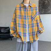 Spring Long Sleeved Shirt Men Retro Yellow Plaid Shirt Men Streetwear Korean Loose Casual Shirt Mens Vintage Shirts Plus Size voguable