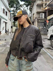 Y2K American Pu Leather Women Jacket Y2K Brown Vintage Long Sleeve Stand Collar Crop Coats Hip Hop Streetwear Zipper Outerwear voguable