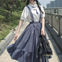 New Sweet Women Skirt Preppy Style Strap Long Skirt Ruffles Loose Cute Student Casual Skirt Female Skirts HOT