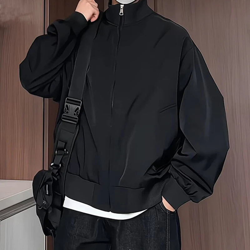 Black Mens Stand Collar Loose Fit Outdoor Spring Biker Jacket Casual Windbreaker Motorcycle Streetwear Trendy Daily Wear Coat voguable