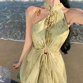 Voguable Vintage Green Mesh Bamboo Print Sexy Sleeveless Elegant Slim Chinese Long Dress Summer Hollow Off Shoulder Pleated Dresses Boho voguable