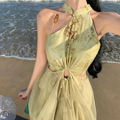 Voguable Vintage Green Mesh Bamboo Print Sexy Sleeveless Elegant Slim Chinese Long Dress Summer Hollow Off Shoulder Pleated Dresses Boho voguable
