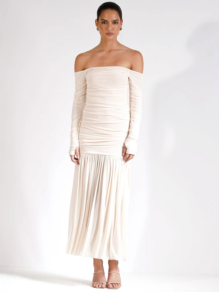 Off-shoulder Strapless Sexy Maxi Dress Women Summer New Patchwork Backless Long Sleeve Pleated Long Dress Elegant voguable