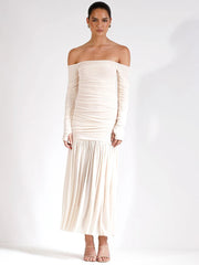 Off-shoulder Strapless Sexy Maxi Dress Women Summer New Patchwork Backless Long Sleeve Pleated Long Dress Elegant voguable