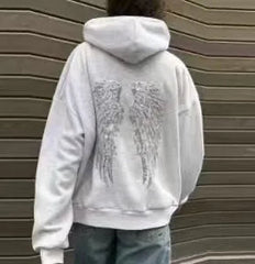 Voguable Oversized Sequin Angel Wings Hoodie Women Men Dark Blue Streetwear Sweatshirt Y2K Gothic Hip Hop Hooded Pullover voguable
