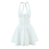 Sexy Deep V Halter White Mini Dress Women Fashion Backless A-line Elegant Party Dresses Summer Robe Lace Up Vestidos voguable