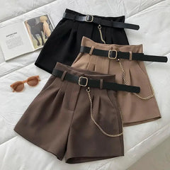 Korean with Belt Women Suit Shorts Y2K Summer High Waist Solid Color A Line Shorts Loose Streetwear All Match Wide Leg Pants voguable